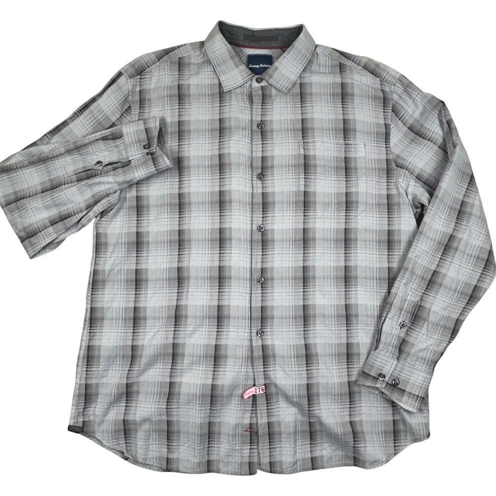 Tommy Bahama Button Down Shirt Mens XL Grey Plaid Preppy Lightweight